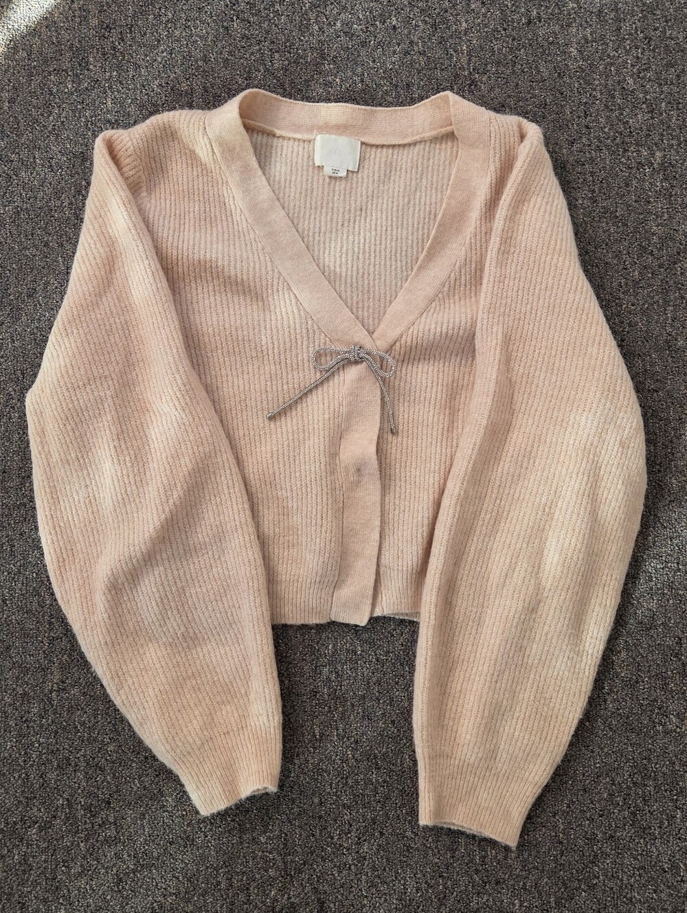 H&M Rhinestone Bow Soft Ribbed Knit Cardigan Peach Pink M